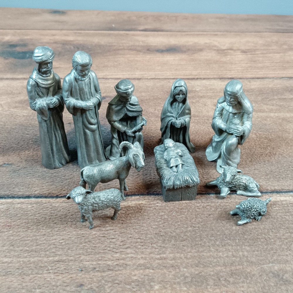 HM  Pewter Nativity Set 9 Piece Vintage Holy Family Wise Men Animals